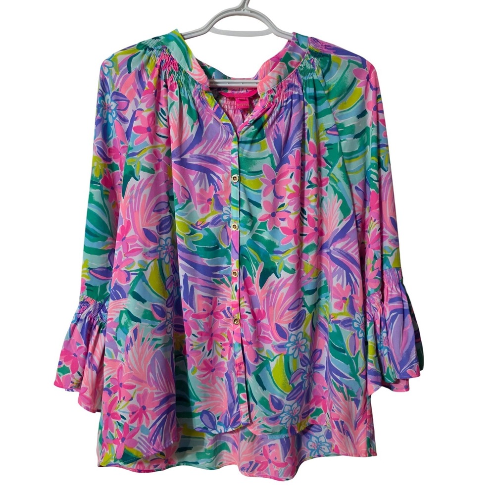Lilly Pulitzer Women Dakota Large Blouse Pink Floral Smocked Ruffle Sleeve Top